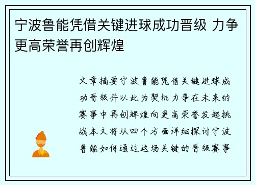 宁波鲁能凭借关键进球成功晋级 力争更高荣誉再创辉煌