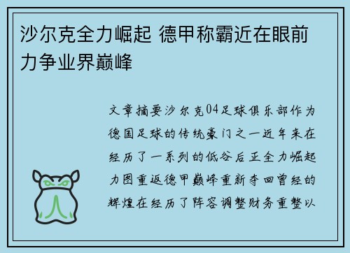 沙尔克全力崛起 德甲称霸近在眼前 力争业界巅峰