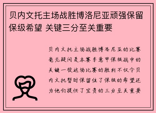 贝内文托主场战胜博洛尼亚顽强保留保级希望 关键三分至关重要