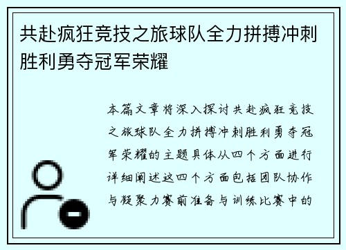 共赴疯狂竞技之旅球队全力拼搏冲刺胜利勇夺冠军荣耀